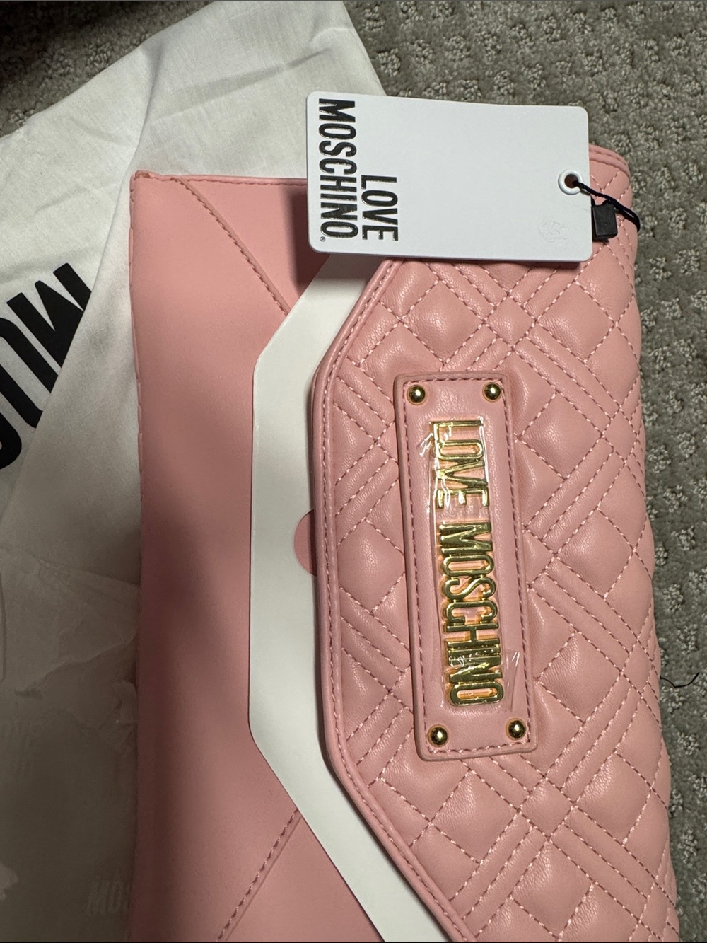 Love Moschino Blush Quilted Clutch with Gold Plaque